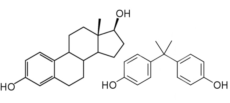 A comparison of structures of a hormone and an endocrine disruptor.