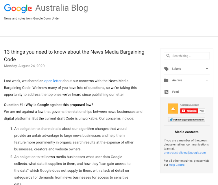 A screen shot of a blog post from Google Australia.