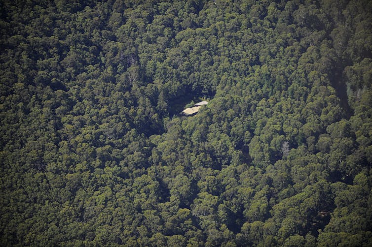 Aerial view of a house surrounded by dense bushland.