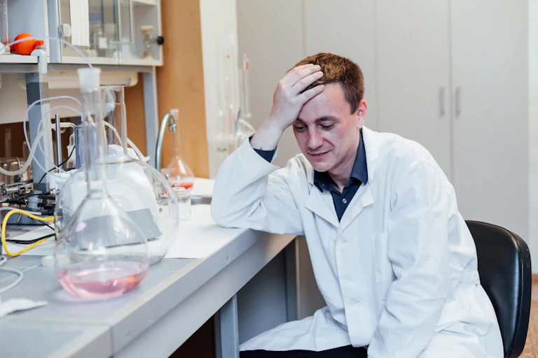 Exhausted young scientist in the lab