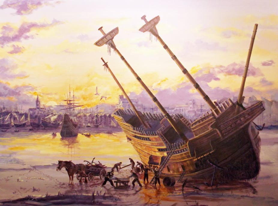 Painting of a sailing ship aground unloaded by a horse and cart.