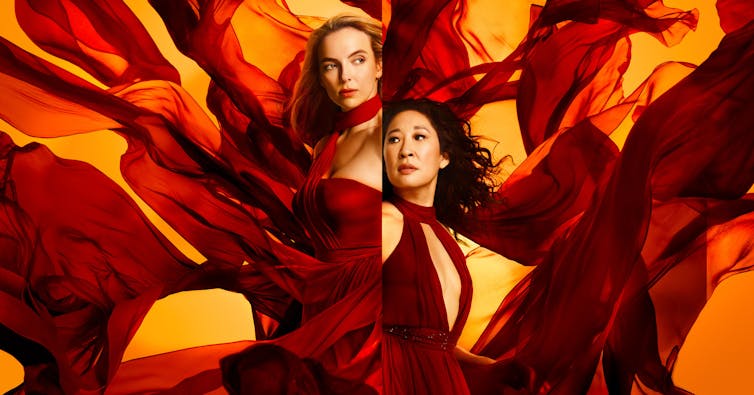Sandra Oh and Jodie Comer in Killing Eve publicity shots in red dresses