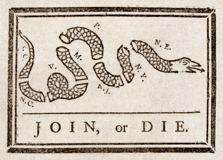 A segmented snake labeled with colonial regions and captioned 'Join, or die.'