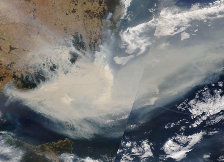 A satellite image of thick bushfire smoke across Victoria and NSW.