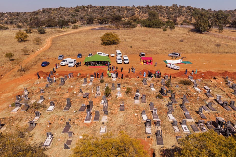 Aerial view of cemetery showing graves and vehicles attending burial