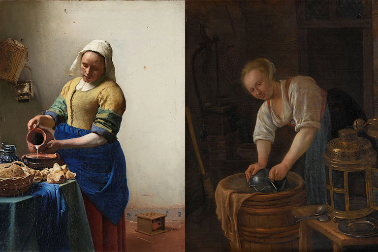 « La laitière » de Johannes Vermeer à gauche et « La femme récurant une bassine en métal » de Jan Steen à droite montrent des degrés variables de blanchiment du bleu outremer.