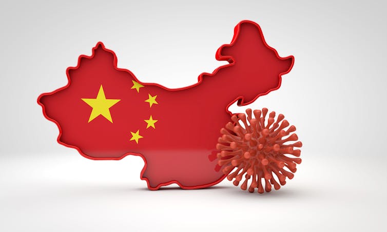 Map of China next to a COVID virus