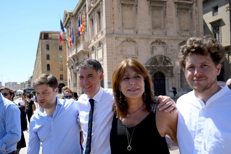 Olivier Faure (PS), Michèle Rubirola, Julien Bayou (EELV) et Benoît Payan (PS) à Marseille lors du second tour des municipales.