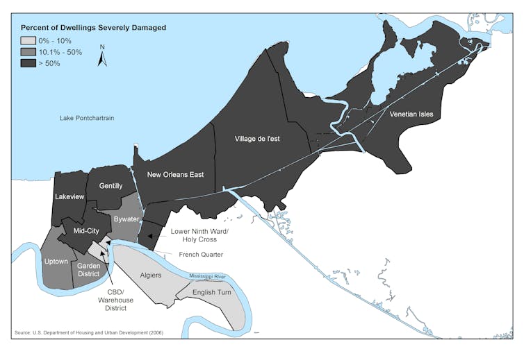 Map of severe damage caused by Hurricane Katrina to New Orleans.