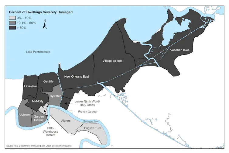 Map of severe damage caused by Hurricane Katrina to New Orleans.