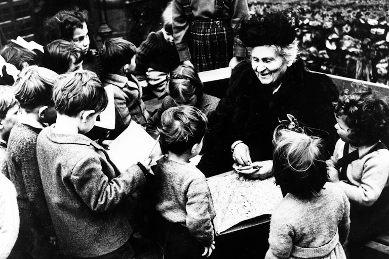 Italian educator Maria Montessori visiting a Montessori school in London