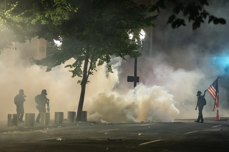 Protester carrying an American flag and two heavily armed federal agents are seen in silouhete against a backdrop of tear gas