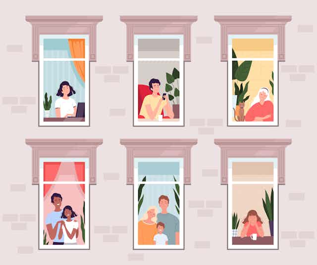 Illustration of 6 people or groups of people looking out of 6 windows
