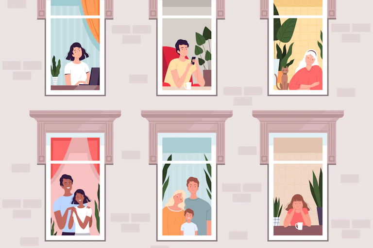 Illustration of 6 people or groups of people looking out of 6 windows