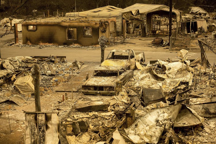 Scorched homes and vehicles in a mobile home park in California