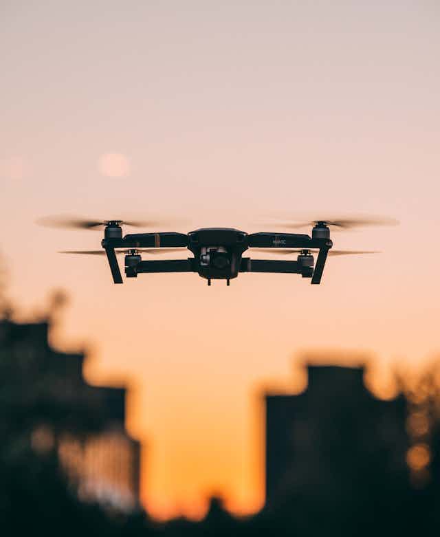 Drone over sunset sky