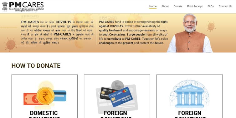 A screen grab from the official website of the PM-CARES Fund