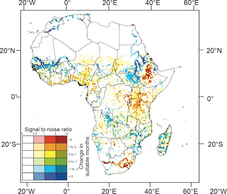 Map of Africa showing future malaria hydro-climatic suitability.