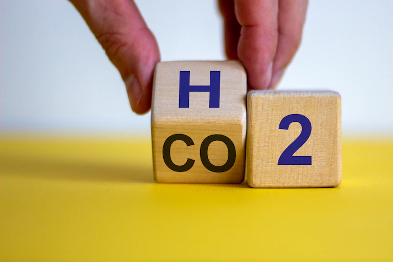 A pair of dice showing the chemical symbols for hydrogen and carbon dioxide
