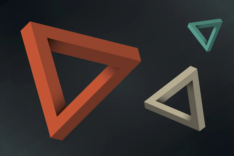 Three 'impossible' or Penrose triangles floating in space.