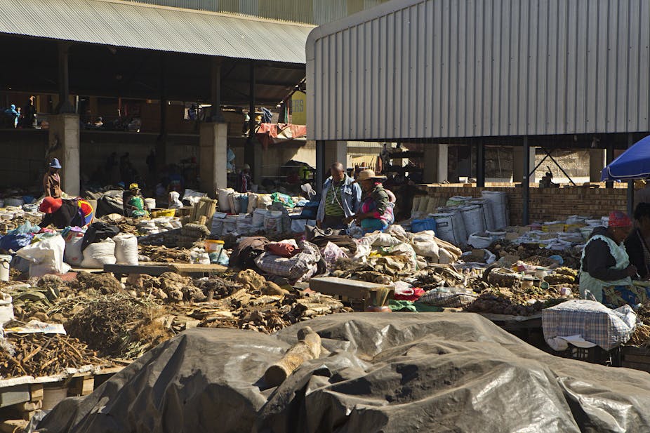 People shopping at an African traditional medicine market in downtown Johannesburg.