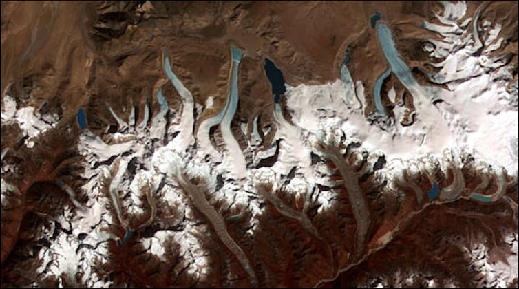 A satellite image of lakes formed by melting glaciers in Bhutan
