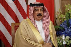 Bahrain's King Hamad bin Isa Al Khalifa in mid-sentence.