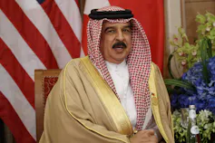 Bahrain's King Hamad bin Isa Al Khalifa in mid-sentence.