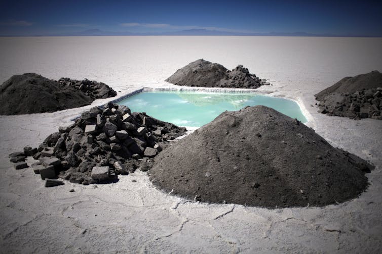 An evaporation pond used to measure lithium and in the Uyuni salt desert in Bolivia.