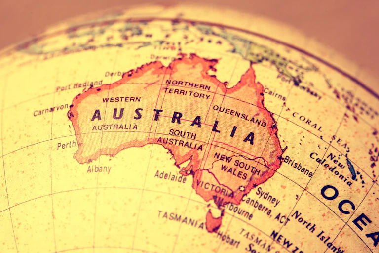 A map of Australia on a globe