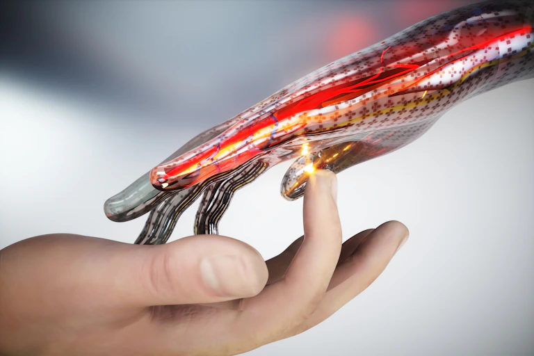 Concept image of human and robotic hands touching