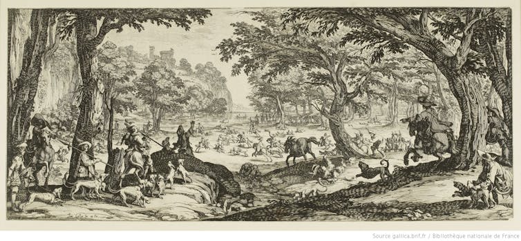 Estampe représentant la chasse au XVIIe