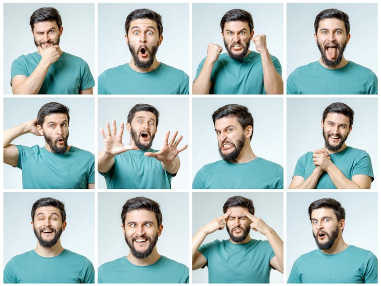 Series de fotos de caras de un hombre mostrando diferentes emociones.