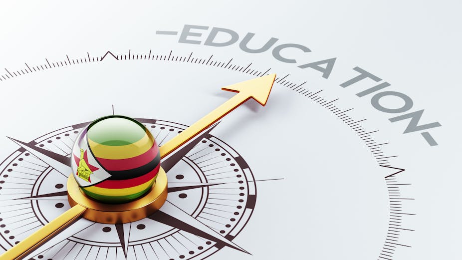 An illustration of a compass with a Zimbabwean flag pointing at the word education.g