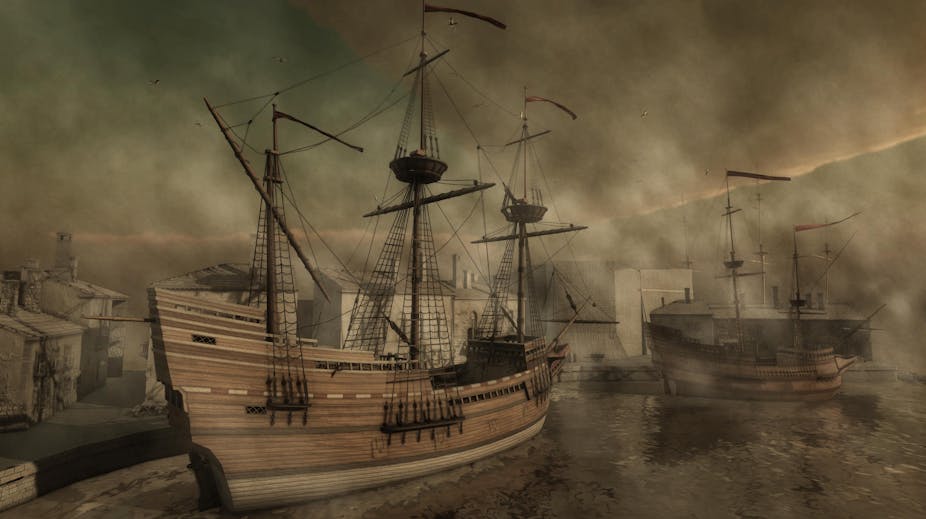 VR recreation of two 17th-century sailing ships shown at Sutton Pool in London.