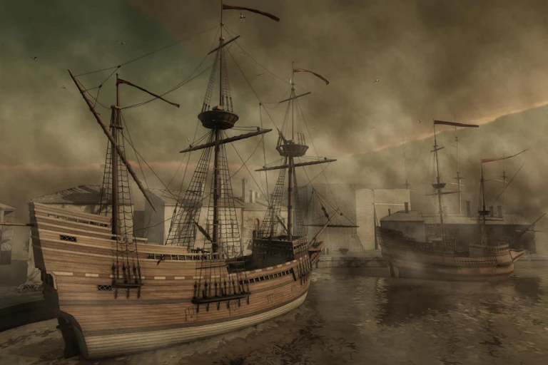 VR recreation of two 17th-century sailing ships shown at Sutton Pool in London.