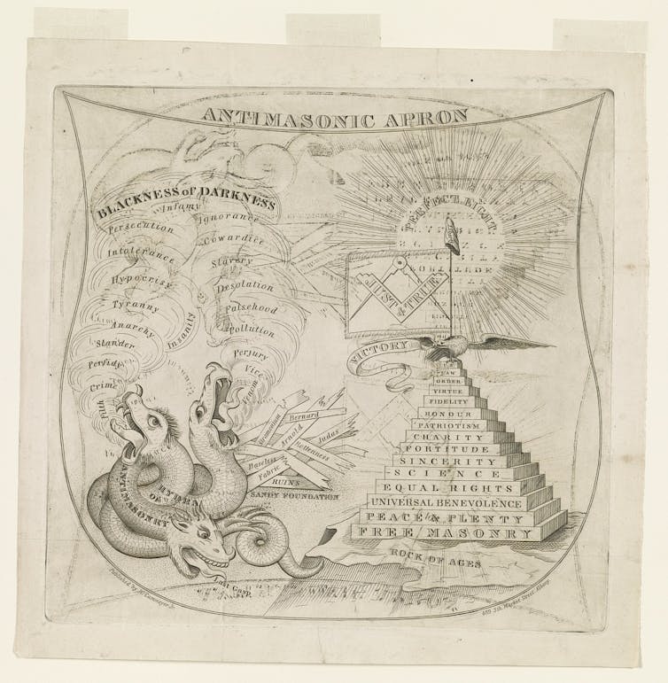 A drawing depicts the Anti-Masons as a hydra, while the Freemasons are portrayed as a pyramid of virtue.