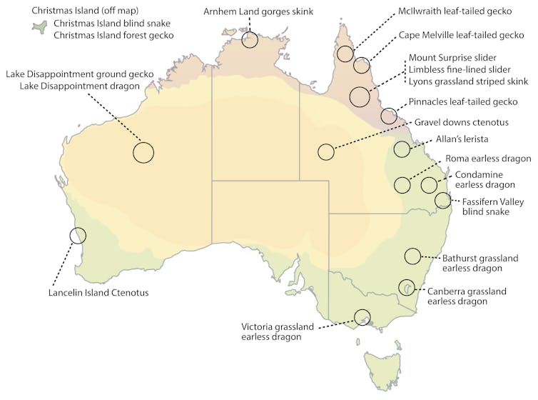 A map of Australia showing where the 20 snakes and lizards are located
