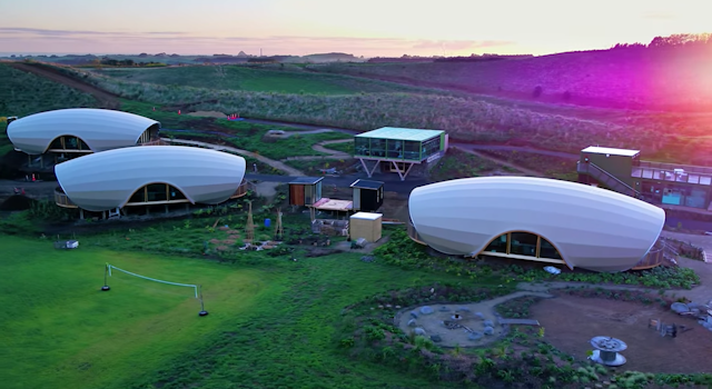 An aerial view of parts of the school campus showing pod like rooms.