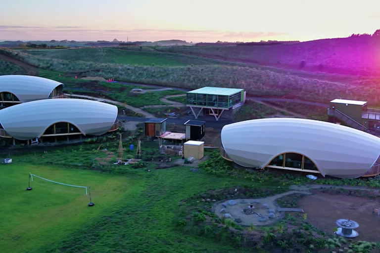 An aerial view of parts of the school campus showing pod like rooms.