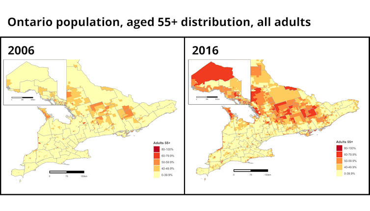 Side-by-side maps showing significantly higher population of adults ages 55 years and older in 2016 compared to 2006