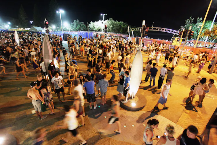A crowded Cavil Mall on the Gold Coast during schoolies.