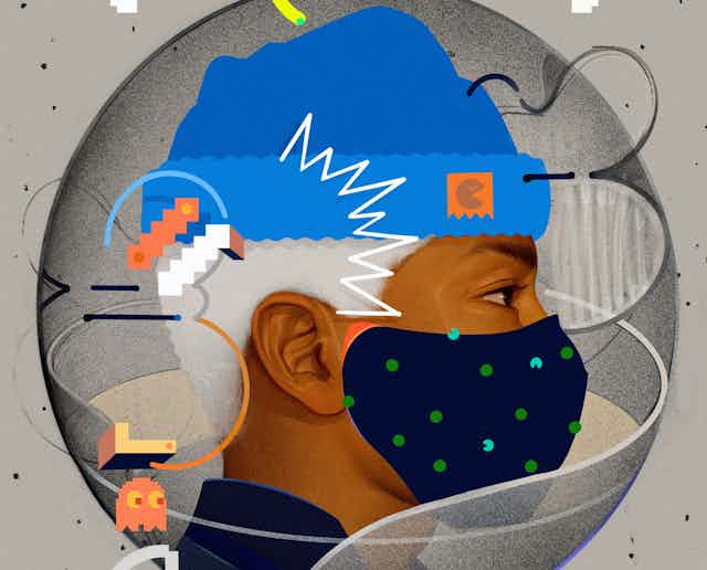 An illustration of a young man wearing a face mask. 