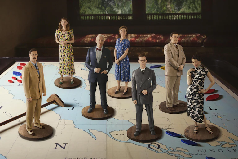 Graphic representation of actors in The Singapore Grip superimposed on a map of south-east Asia.