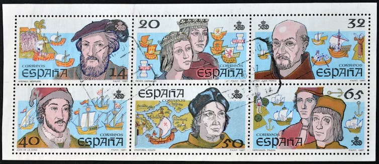 Set of Spanish stamps featuring explorers and monarchs involved in settlement of the Americas.