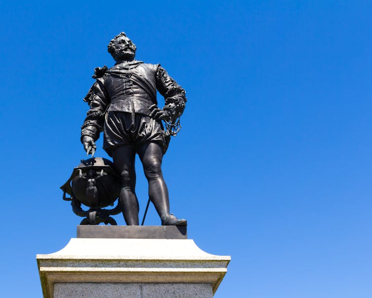 Statue of Francis Drake in armour at Plymouth Hoe in south-west England.