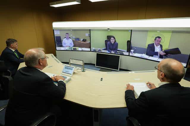 Scott Morrison discussing with premiers virtually during national cabinet