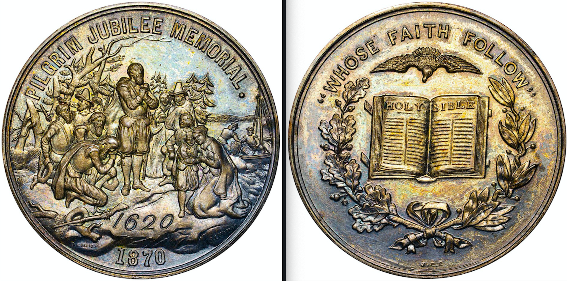 The front of the coin, which features praying Pilgrims reads, 'Pilgrim Jubilee Memorial,' while the back reads, 'Whose faith follow' above the Bible.