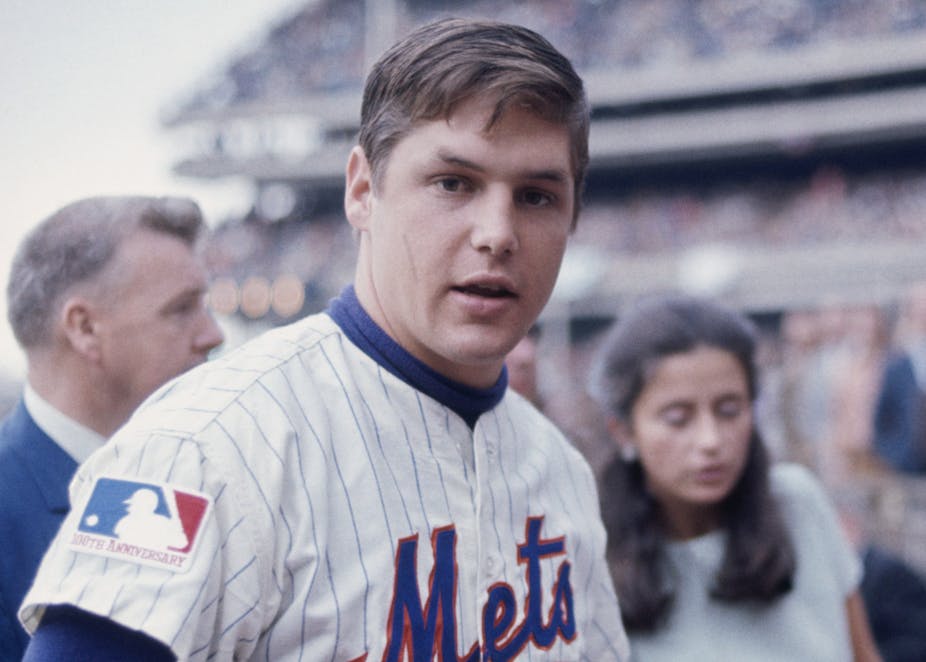 A young Tom Seaver in a Mets uniform at Shea Stadium.