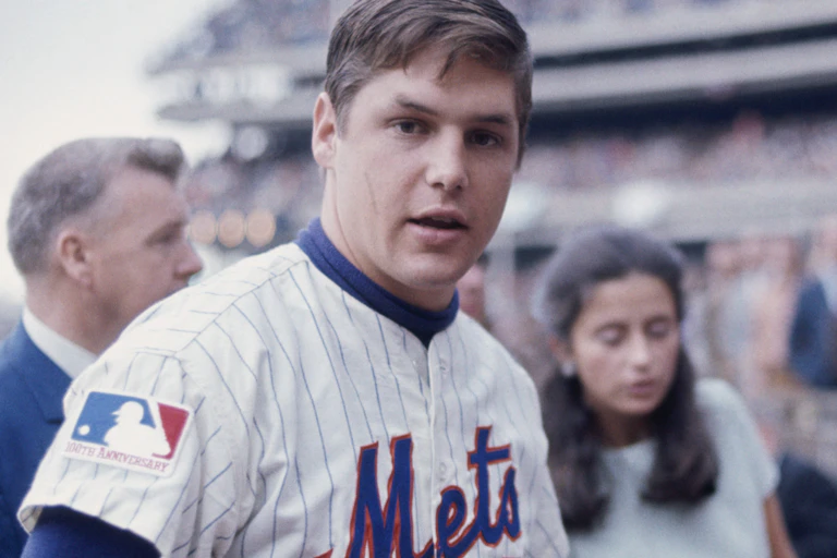 A young Tom Seaver in a Mets uniform at Shea Stadium.